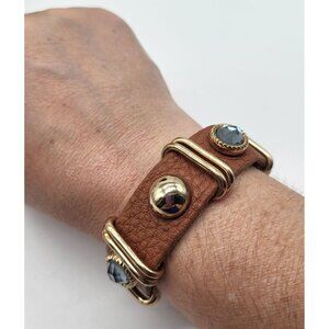 Vintage King Star Brown Leather Midnight Gem Gold Tone Button Snap Bracelet
